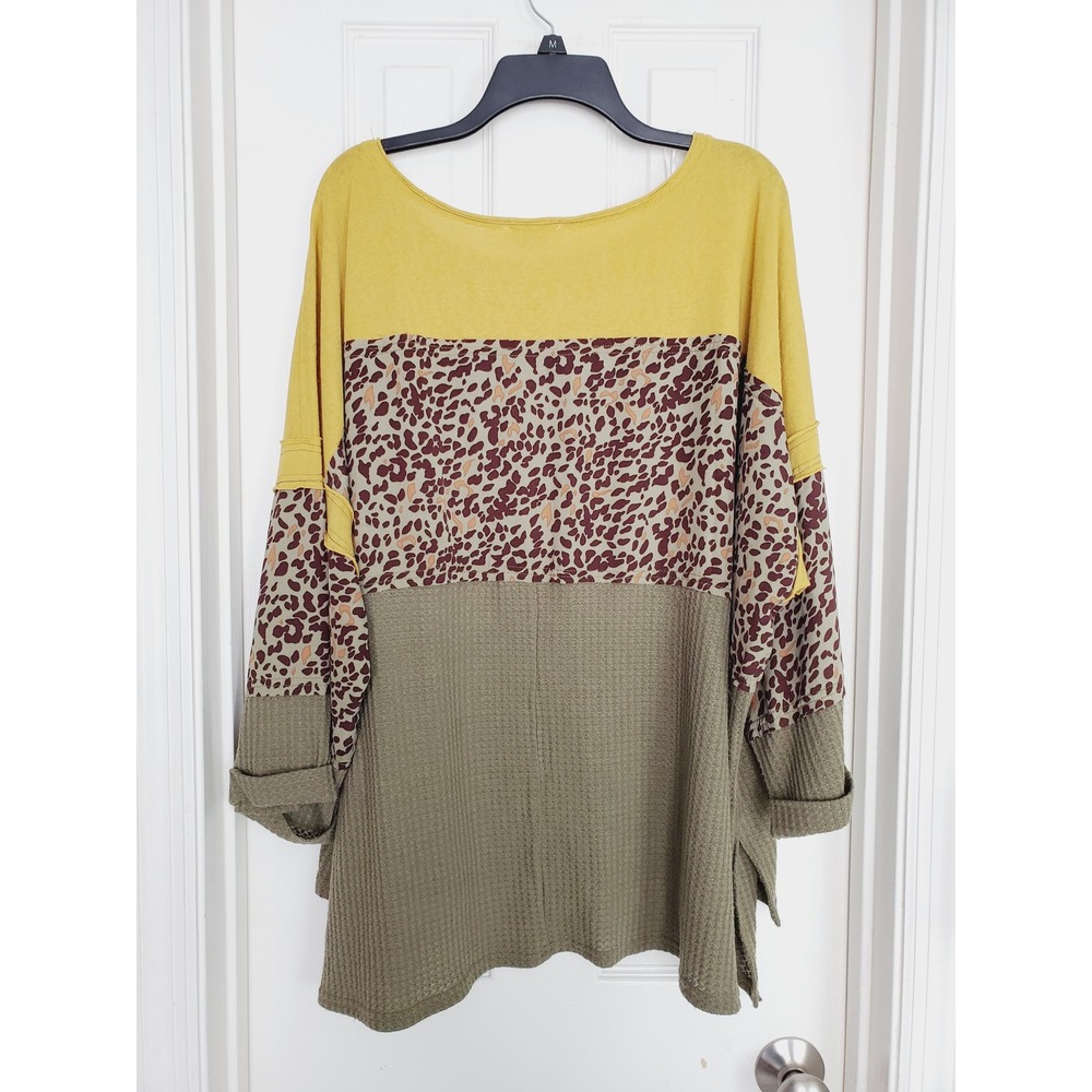 Umgee Colorblock Animal Print Top Yellow Green Waffle Knit Mixed Media Boho 2XL - Picture 4 of 8